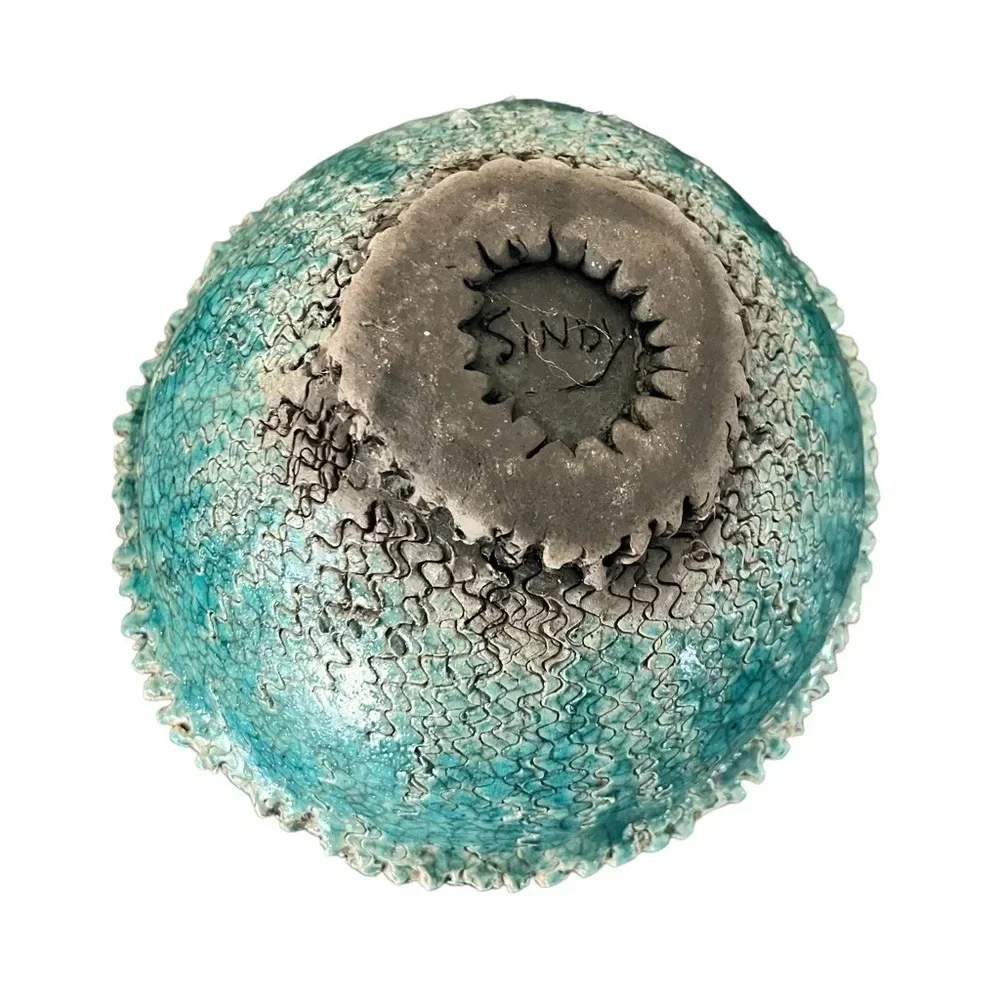 Raku Turquoise Textured Bowl Signed Sindy Unusual